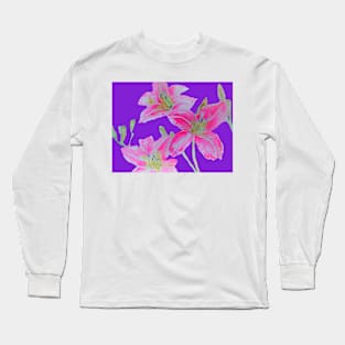 Pink Lily Flowers floral Watercolor Painting Purple Long Sleeve T-Shirt